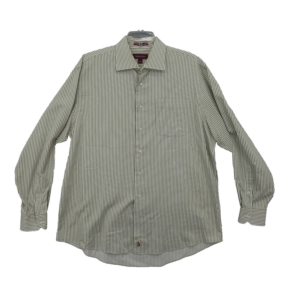 Nordstrom Mens Shirt Size 17-35 Green Striped Long Sleeve 100% Cotton VTG